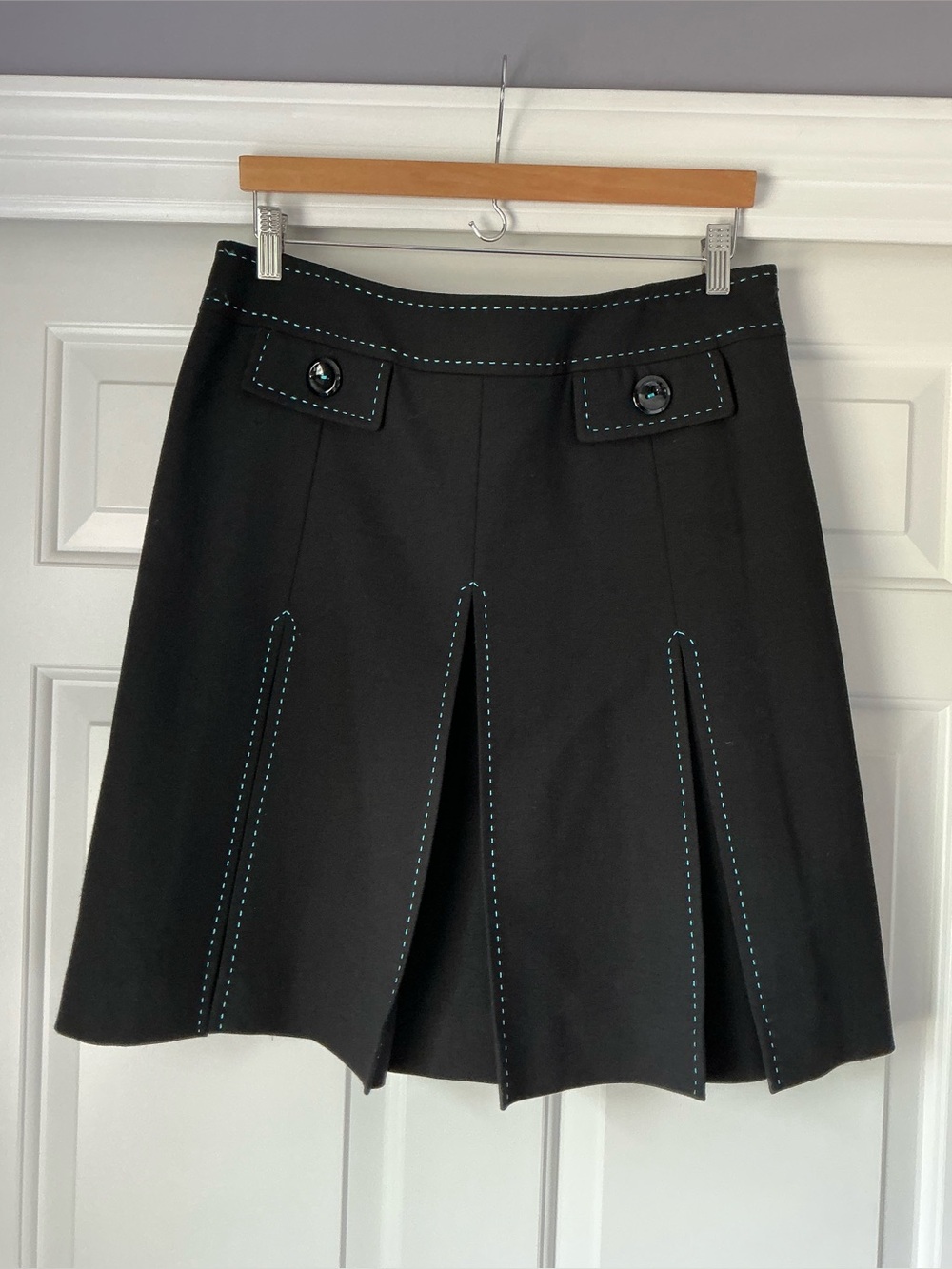 Per Se Black A-Line Pleated Wool Contrast Stitching Skirt 12